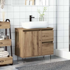 Waschbeckenunterschrank in Artisan-Eiche mit weißem Aufsatzwaschbecken und schwarzen Armaturen.