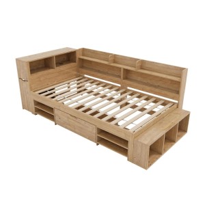 Naturfarbenes Kinderbett 90x200 cm aus Holz mit integrierten Regalen, Schublade und Stauraum. Einzelbett ohne Matratze.