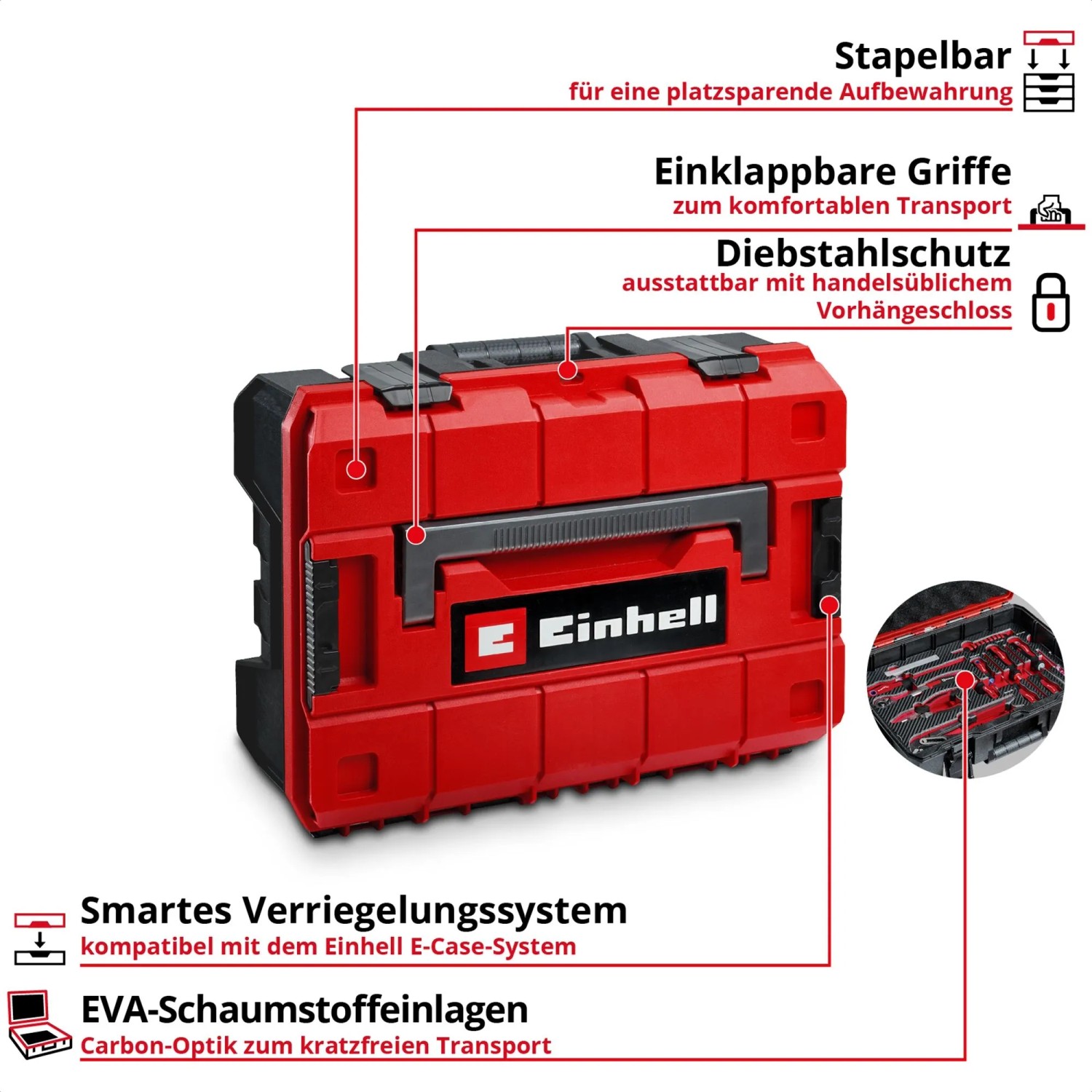 Einhell Werkzeugkoffer Hobby E-Case, 153-teilig, rot, stapelbar, mit Werkzeug-Set für Hobby und Werkstatt.