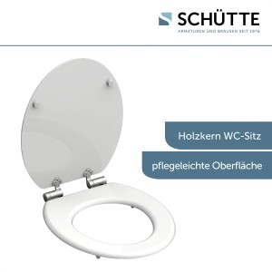 Schütte WC-Sitz White mit Holzkern und Absenkautomatik, geöffnet.