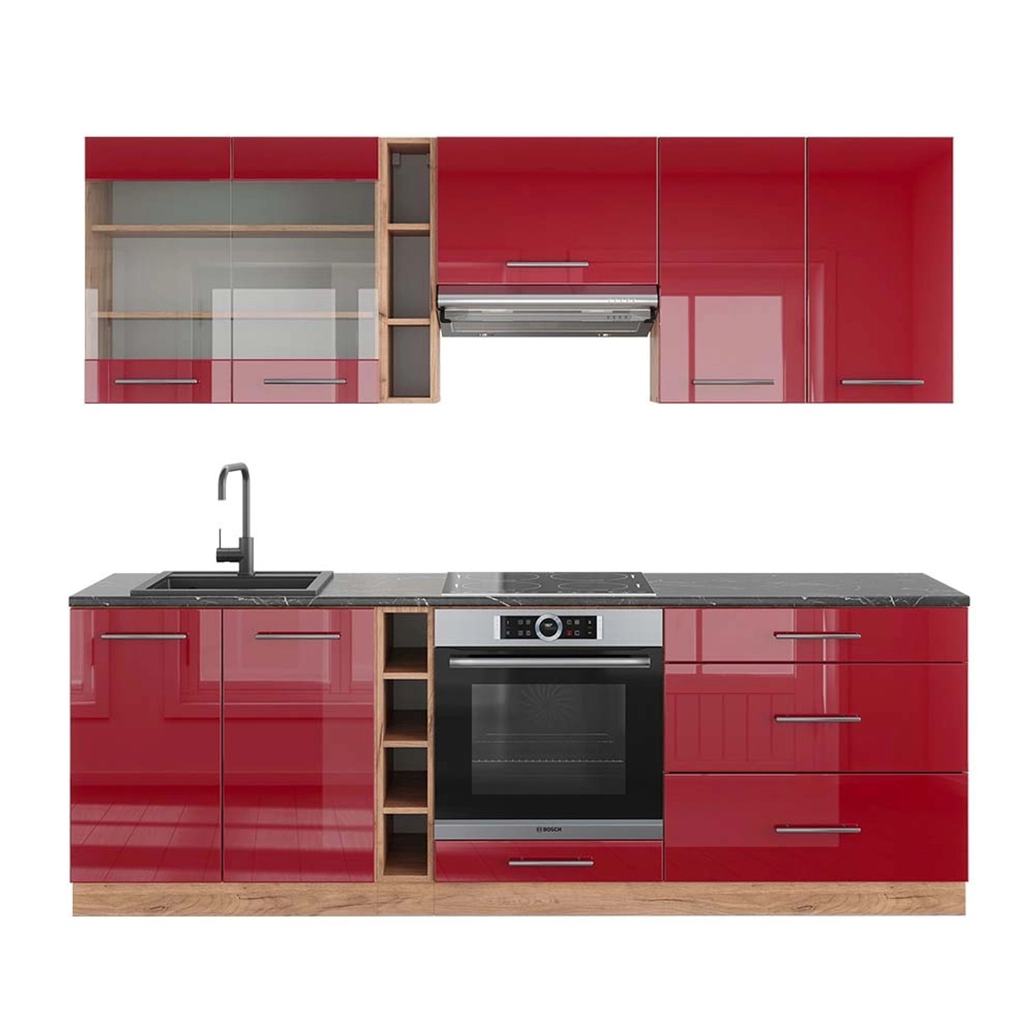 Vicco Fame-Line Küchenzeile Bordeaux Hochglanz/Goldkraft Eiche 235 cm AP An günstig online kaufen