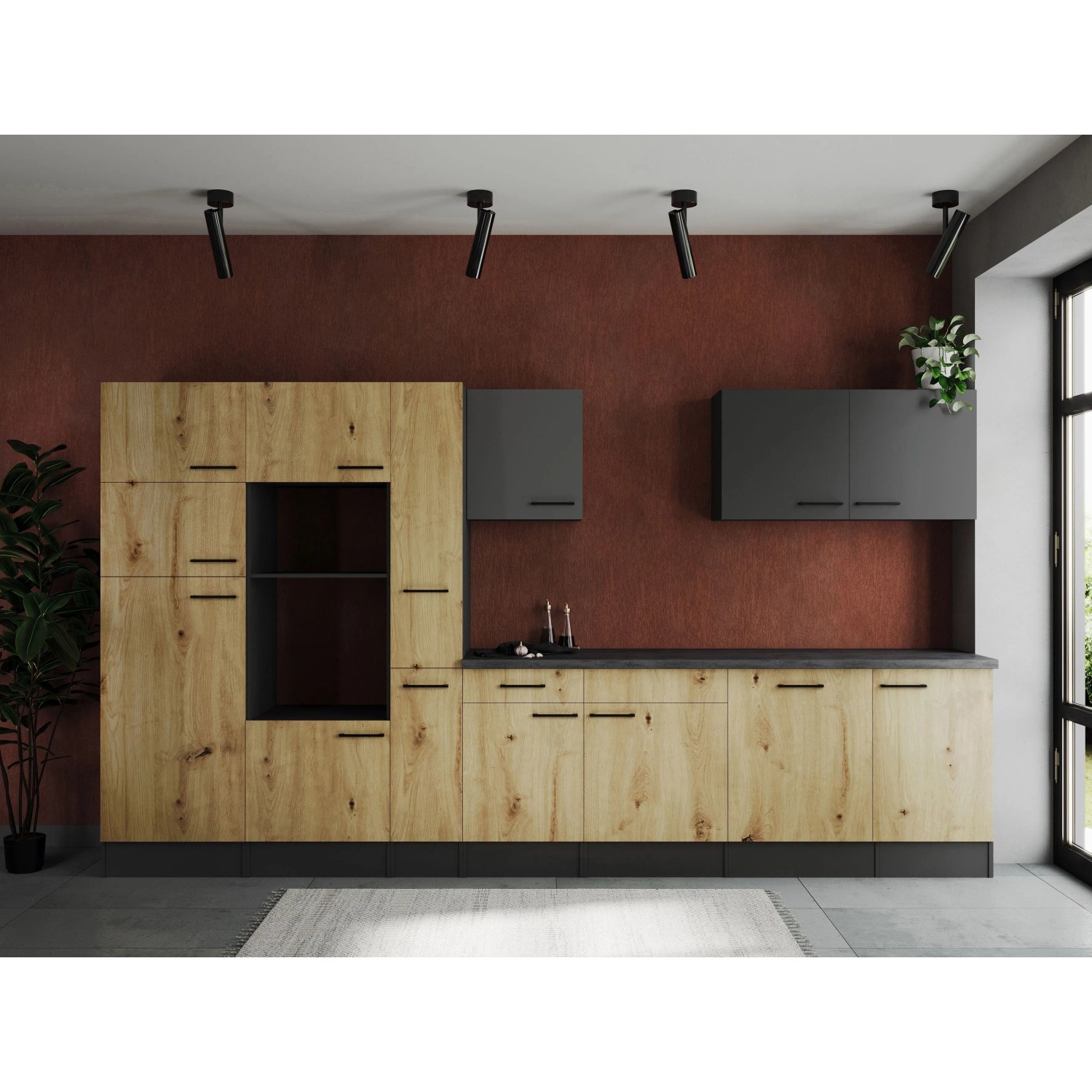 Respekta Küchenzeile Oliver 370 cm Artisan Eiche / Grau Matt ohne E-Geräte