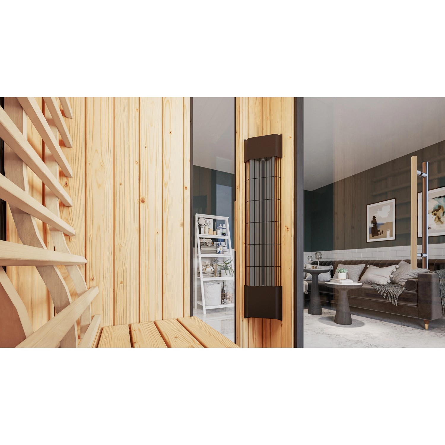 Weka Infrarotkabine Mila 1 mit Linienstrahler, Holzverkleidung und Glaselementen.