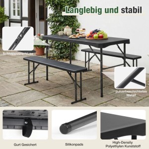 Sekey Bierzeltgarnitur klappbar, 113cm, schwarz, mit Tisch und zwei Bänken. Ideal für Garten und Party.