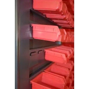 Jet-Line Kleinteileschrank Moldau, anthrazit-rot, mit roten Stapelboxen. Werkzeugschrank für Schrauben und Kleinteile.