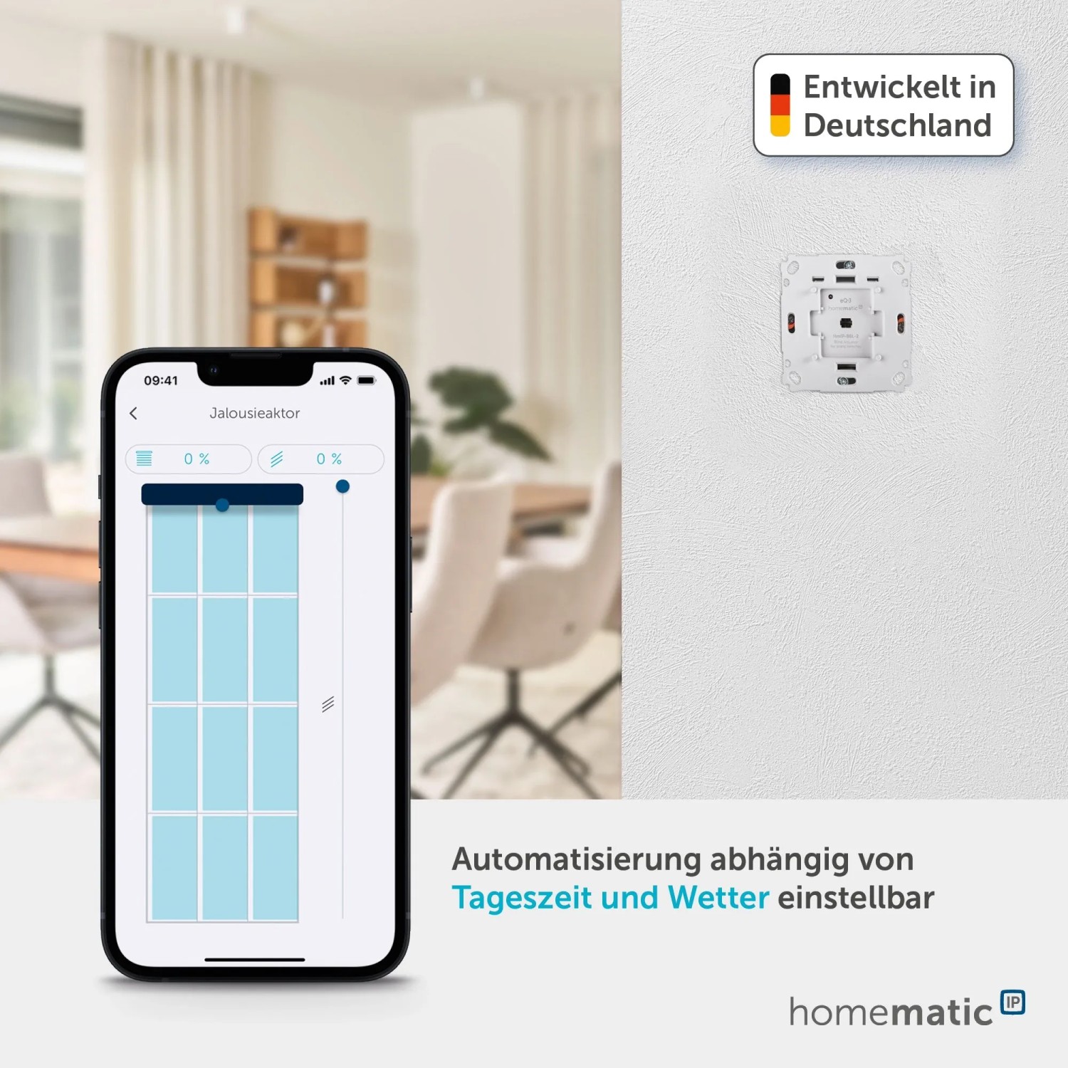 HmIP Jalousieaktor für Markenschalter: Smartphone-App und montierter Aktor im Wohnraum.