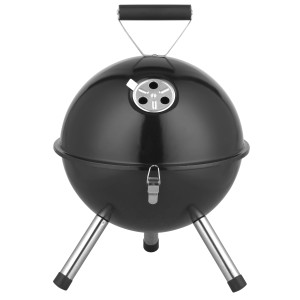 Schwarzer Mini-Holzkohle-Kugelgrill Mallorca mit Temperaturregler und Tragegriff.