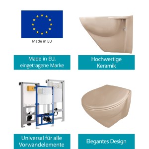 Calmwaters Wand-WC Modern Plus 6 cm Erhöht Spülrandlos Set WC-Sitz Beige-Bahamabeige 08AB6260