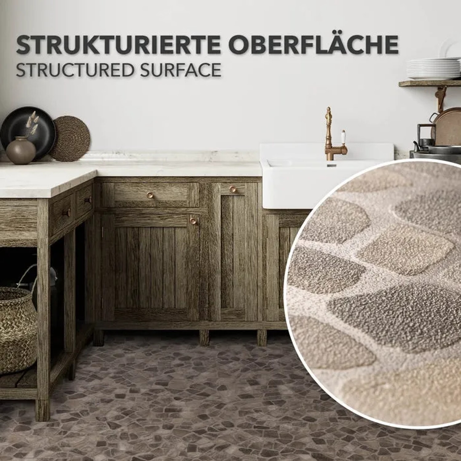 Karat CV Boden Atlantic Selby in Steinoptik im Küchenbereich. PVC-Bodenbelag mit Textilrücken.