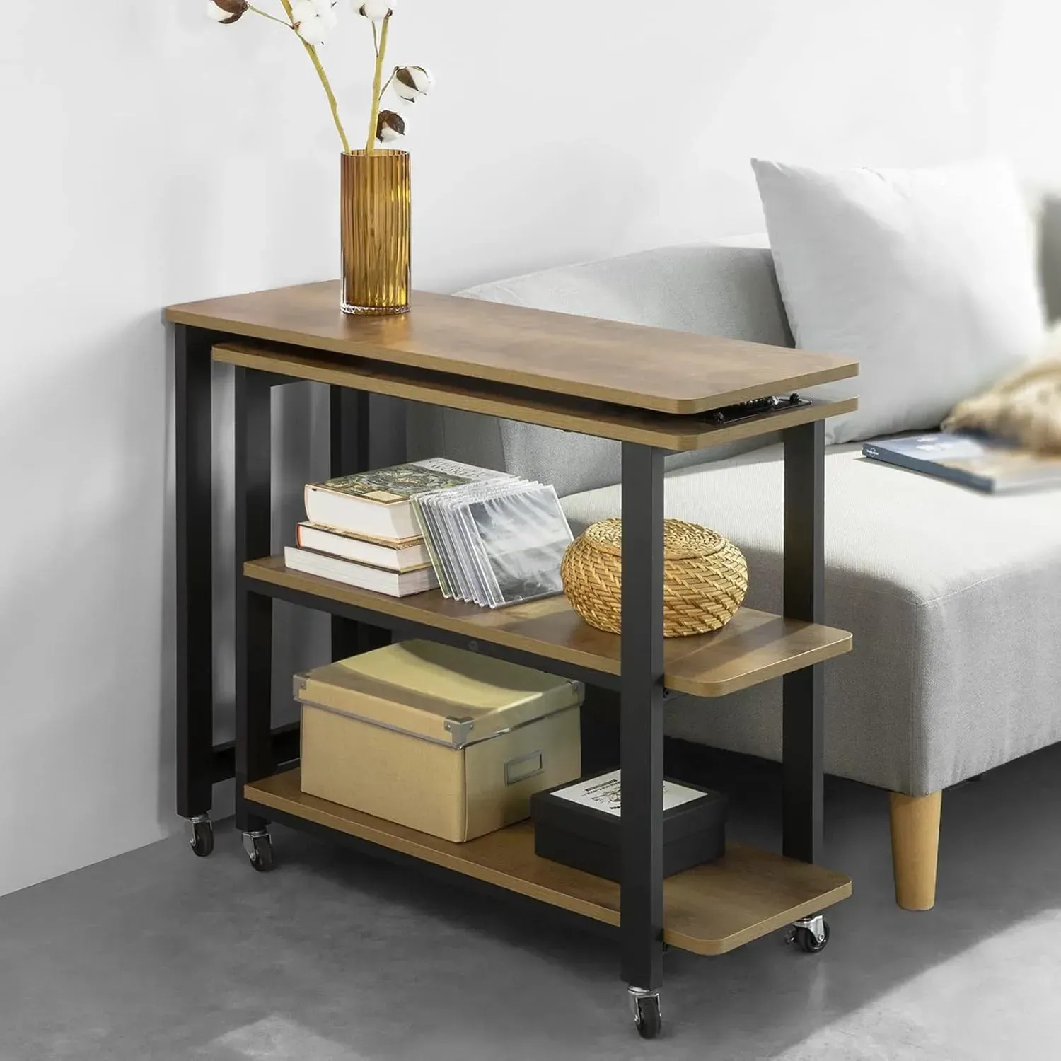 SoBuy L-förmiger Beistelltisch/Schreibtisch FWT83-PF mit 2 Ablagen und Rollen.