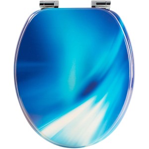 Sanfino WC-Sitz Wave: Toilettendeckel aus Holz mit blauem Wellenmuster und Absenkautomatik.