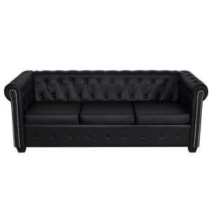 Schwarzes vidaXL Chesterfield Sofa, 3-Sitzer aus Kunstleder mit Knopfheftung und Ziernägeln.