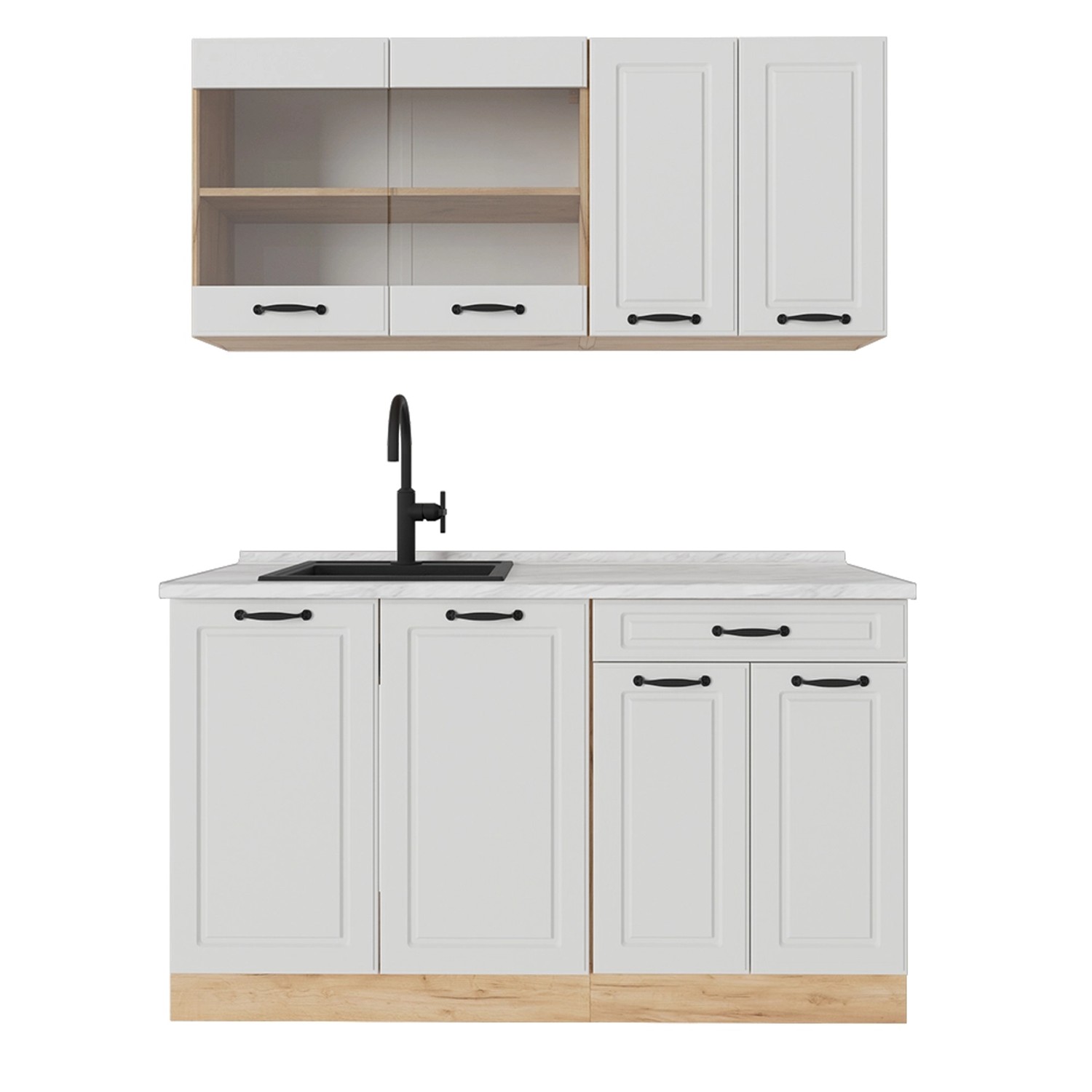 Vicco R-Line Singleküche Weiß Landhaus/Goldkraft Eiche 140 cm AP Marmor günstig online kaufen