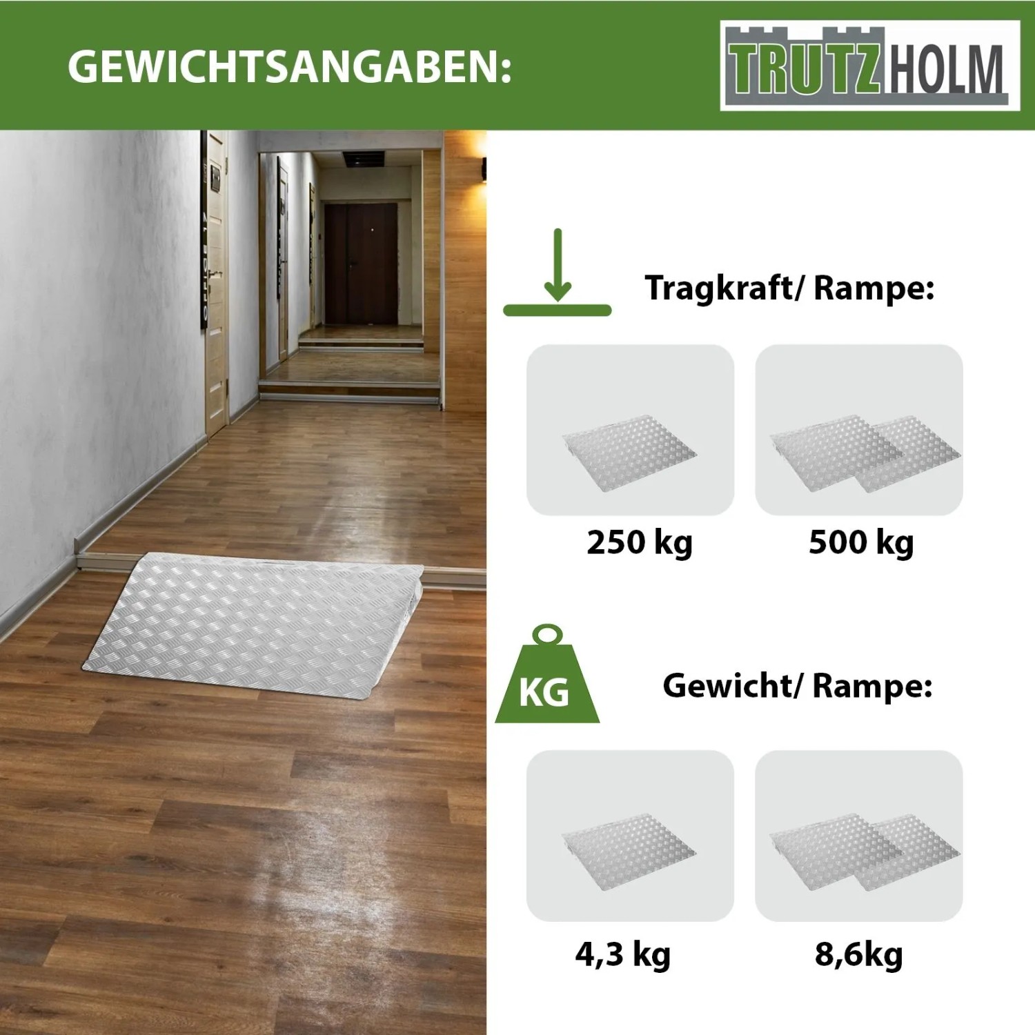 Infografik: TRUTZHOLM Türschwellenrampe mit Gewichts- und Tragkraftangaben.