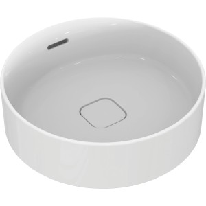 Weißer, runder Ideal Standard Aufsatzwaschtisch Strada II, Ø 45 cm, ohne Hahnloch, mit Überlauf.