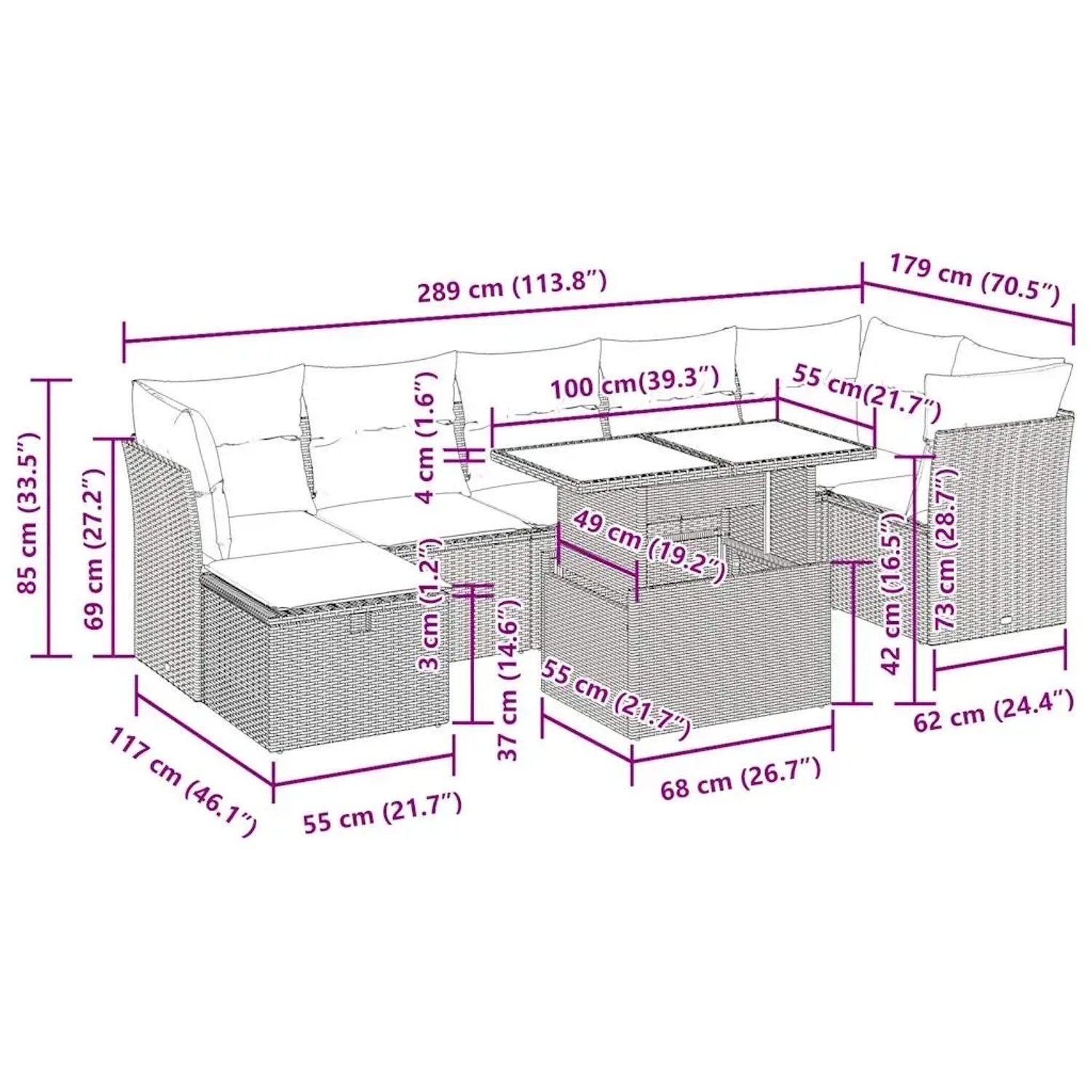 vidaXL 8-tlg. Garten-Sofagarnitur mit Kissen, schwarz, Poly Rattan, Maße und Details dargestellt.