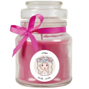 Duftkerze Jungfrau im Glas mit Schleife, 30h Brenndauer.