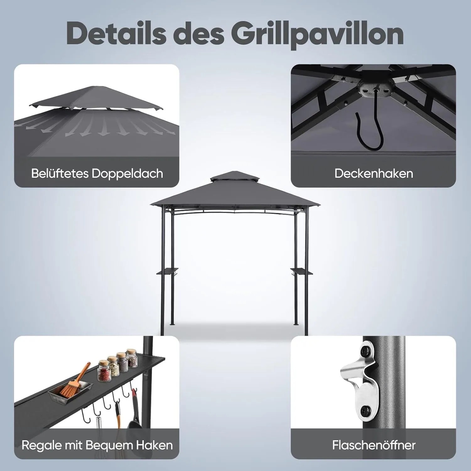 Grauer Grillpavillon mit belüftetem Doppeldach, Seitenablagen, Haken und Flaschenöffner. Perfekter Sonnenschutz für Grills.