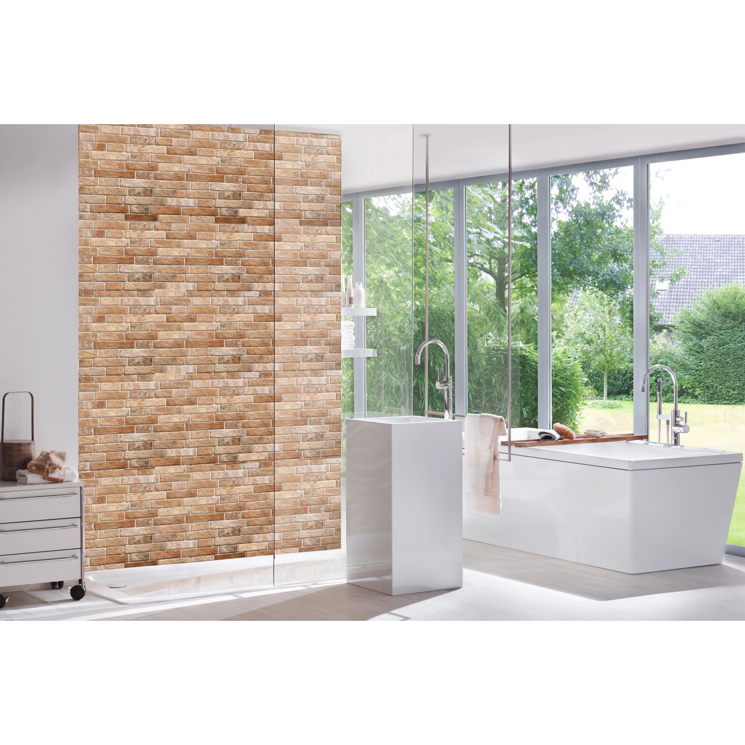 Verblender UltraStrong Klimexmilano Sahara Creme Feinsteinzeug im Badezimmer.