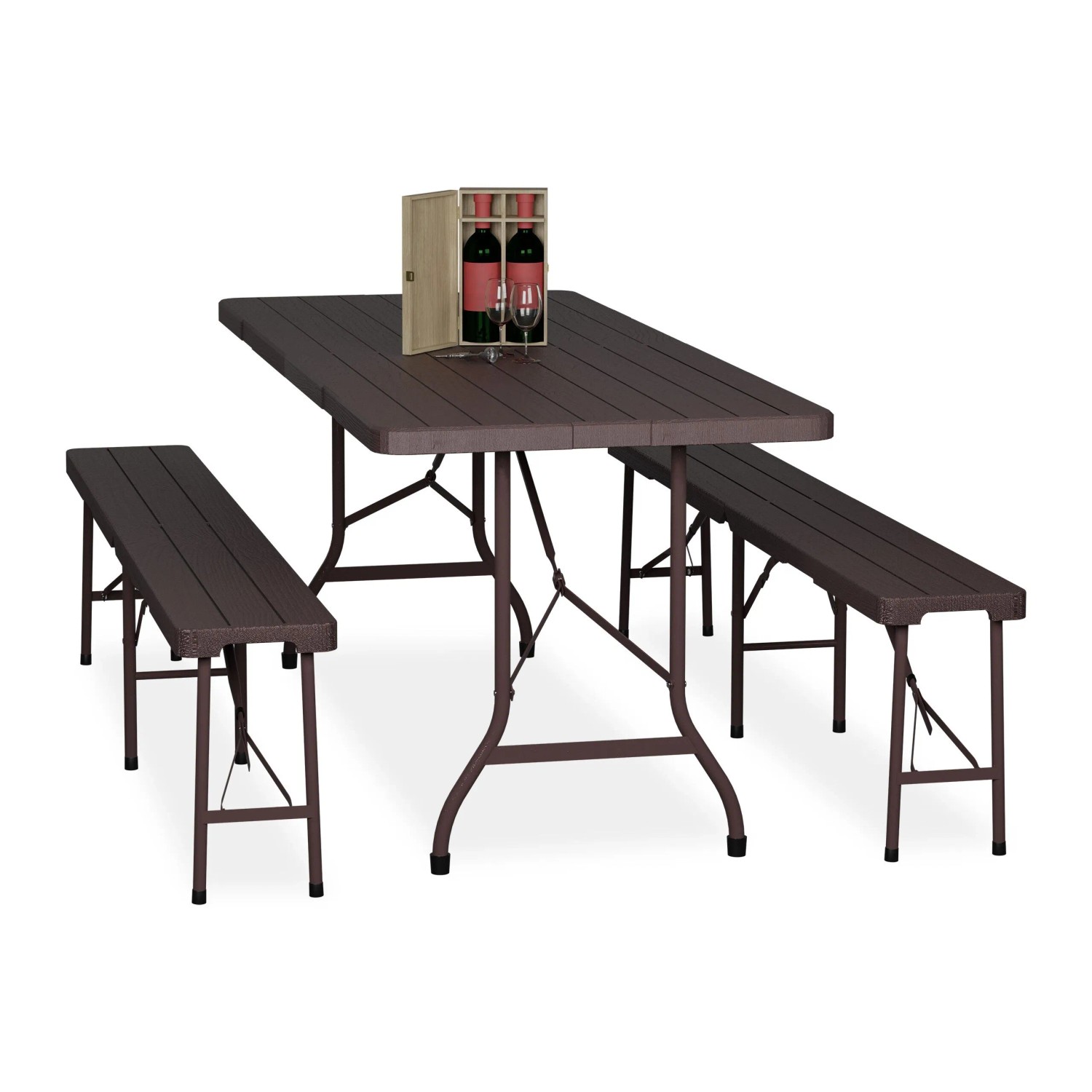 Relaxdays Bierzeltgarnitur PE-Kunststoff Stahl Braun Klappbar 180 cm x 74 cm x 73 cm