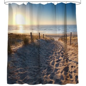 Sanilo Duschvorhang Düne 180x200cm mit Strandmotiv und Sonnenaufgang.