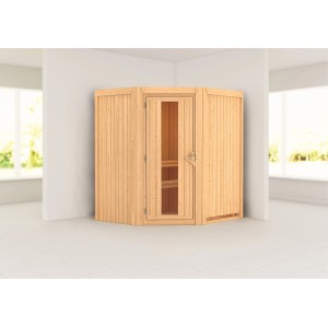Karibu Sauna Tjorven Natur, Massivholzsauna mit Eckeinstieg und klarer Holztür.