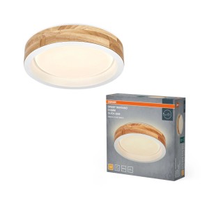 Runde Osram LED-Deckenleuchte Orbis Mariano mit hellem Holz-Ring und weißem Gehäuse, dimmbar, warmweißes Licht.
