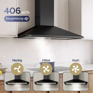 Schwarze CIARRA Wandhaube 90 cm Dunstabzugshaube in Küche, zeigt 3 Saugstufen (406 m³/h) und LED-Beleuchtung.