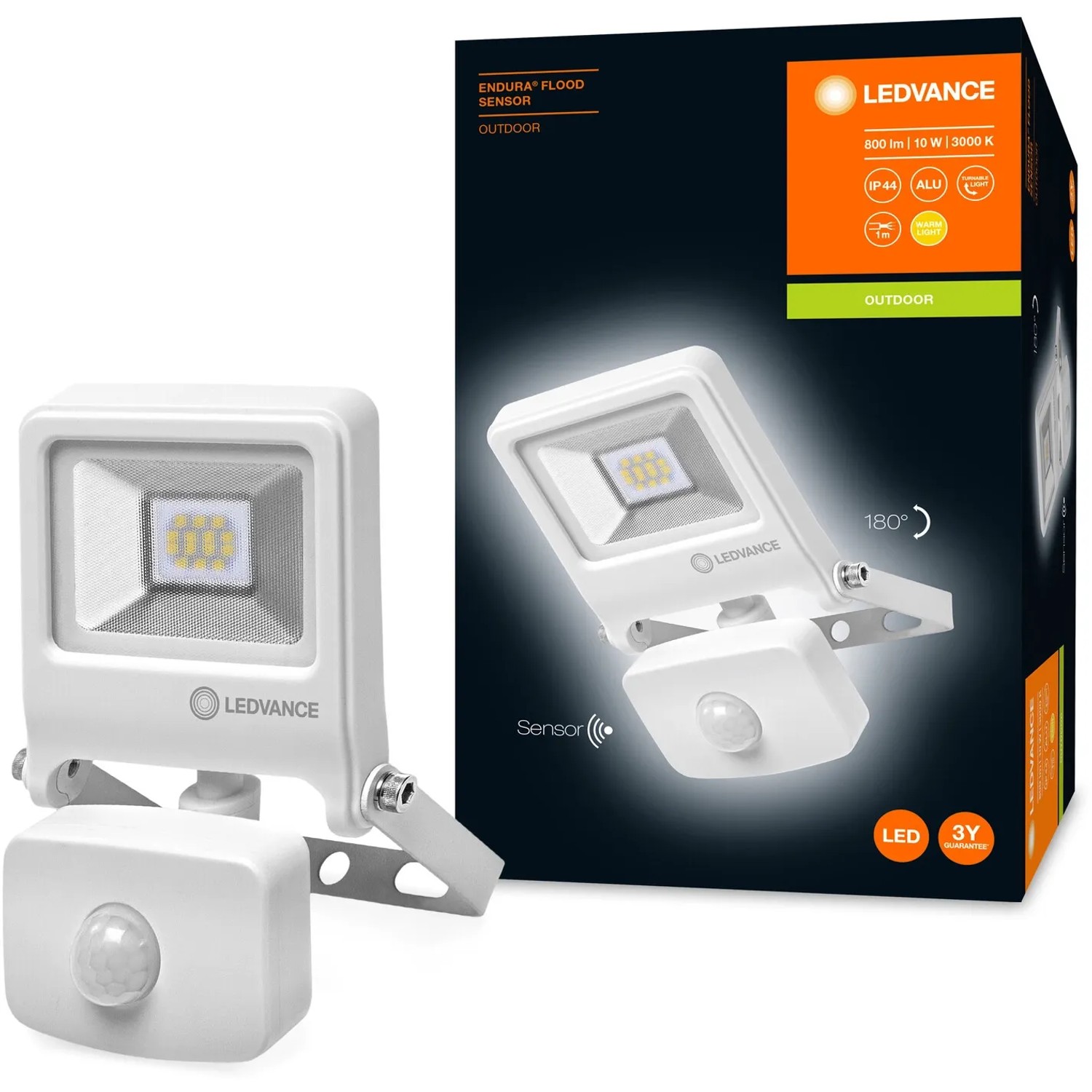 Weiße Ledvance LED-Außenleuchte Endura Flood mit Sensor, 10W, 3000K, mit Verpackung.