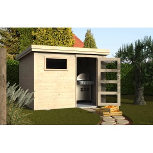 Decor et Jardin Holz-Gartenhaus Paco, naturbelassen mit Fenster und offener Tür, Grill im Inneren.
