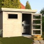Decor et Jardin Holz-Gartenhaus Paco, naturbelassen mit Fenster und offener Tür, Grill im Inneren.