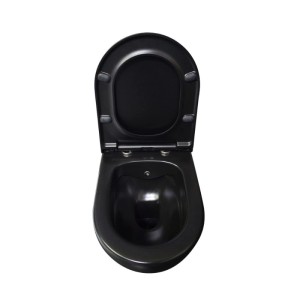 Belvit Dusch-WC Komplettset, spülrandlos, schwarz matt mit offenem WC-Deckel.