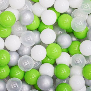 Bällebadbälle von LittleTom, 200 Stück, Ø 5.5 cm, in Grün, Grau, Weiß und Transparent.