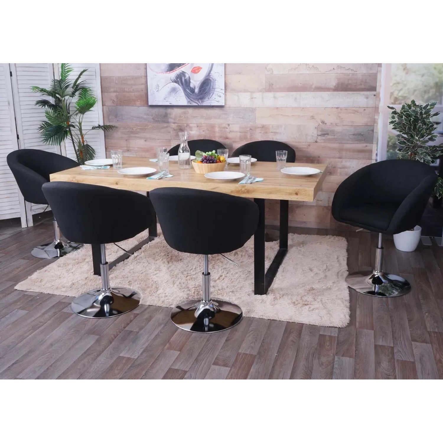 Esszimmerstühle: 6 anthrazitfarbene Polsterstühle MCW F19 Stoff/Textil mit Chromfuß an Esstisch.