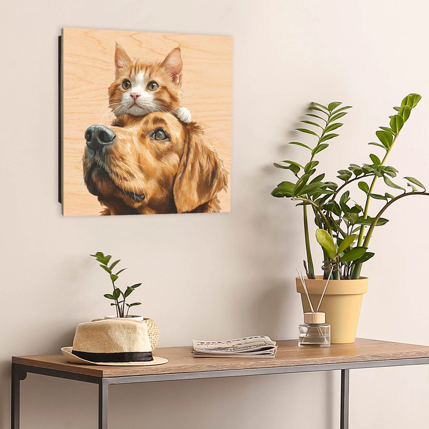 banjado Schlüsselkasten mit Tiermotiv: Katze und Hund auf Holz, 30x30cm, 50 Haken.