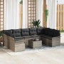 Graues 10-tlg. vidaXL Garten-Sofa-Set aus Poly Rattan mit Tisch und Kissen.