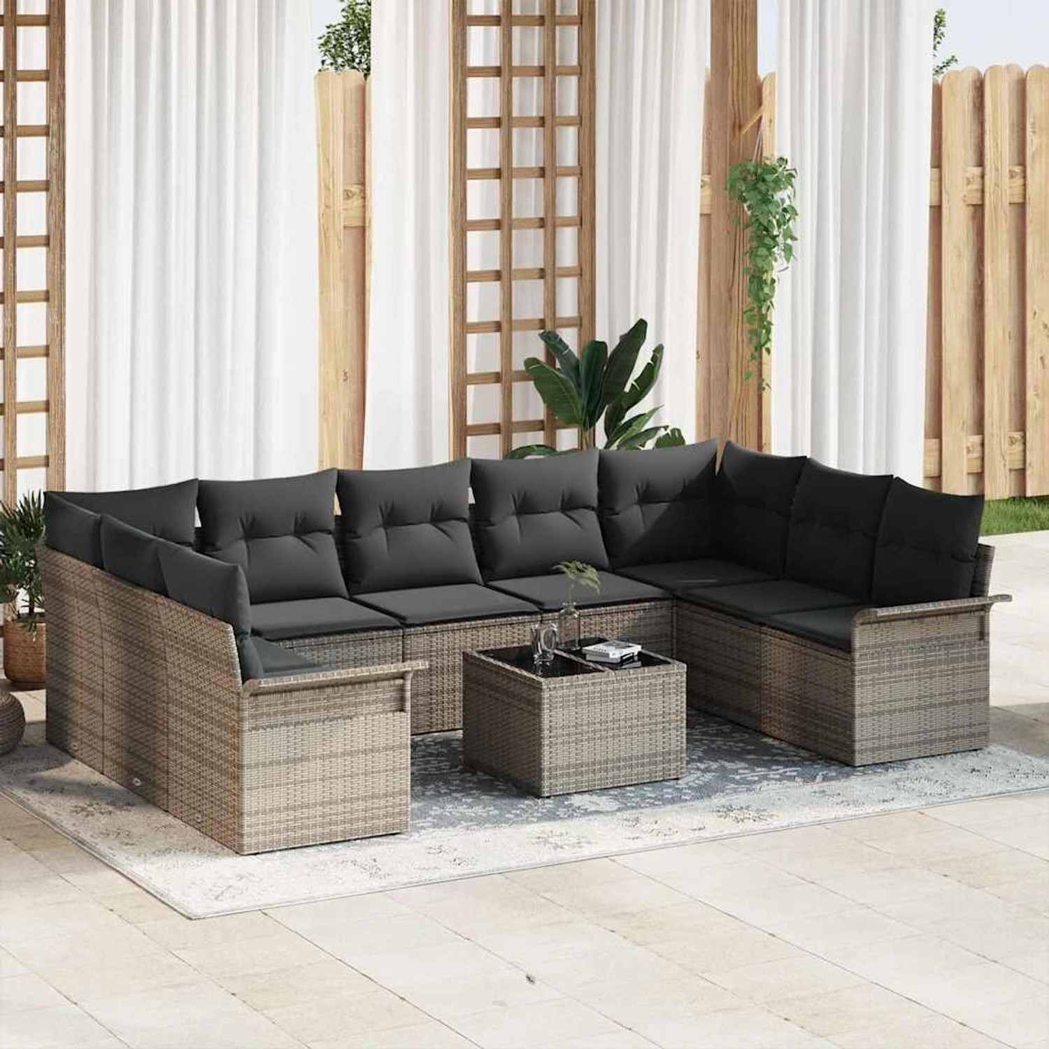 Graues 10-tlg. vidaXL Garten-Sofa-Set aus Poly Rattan mit Tisch und Kissen.