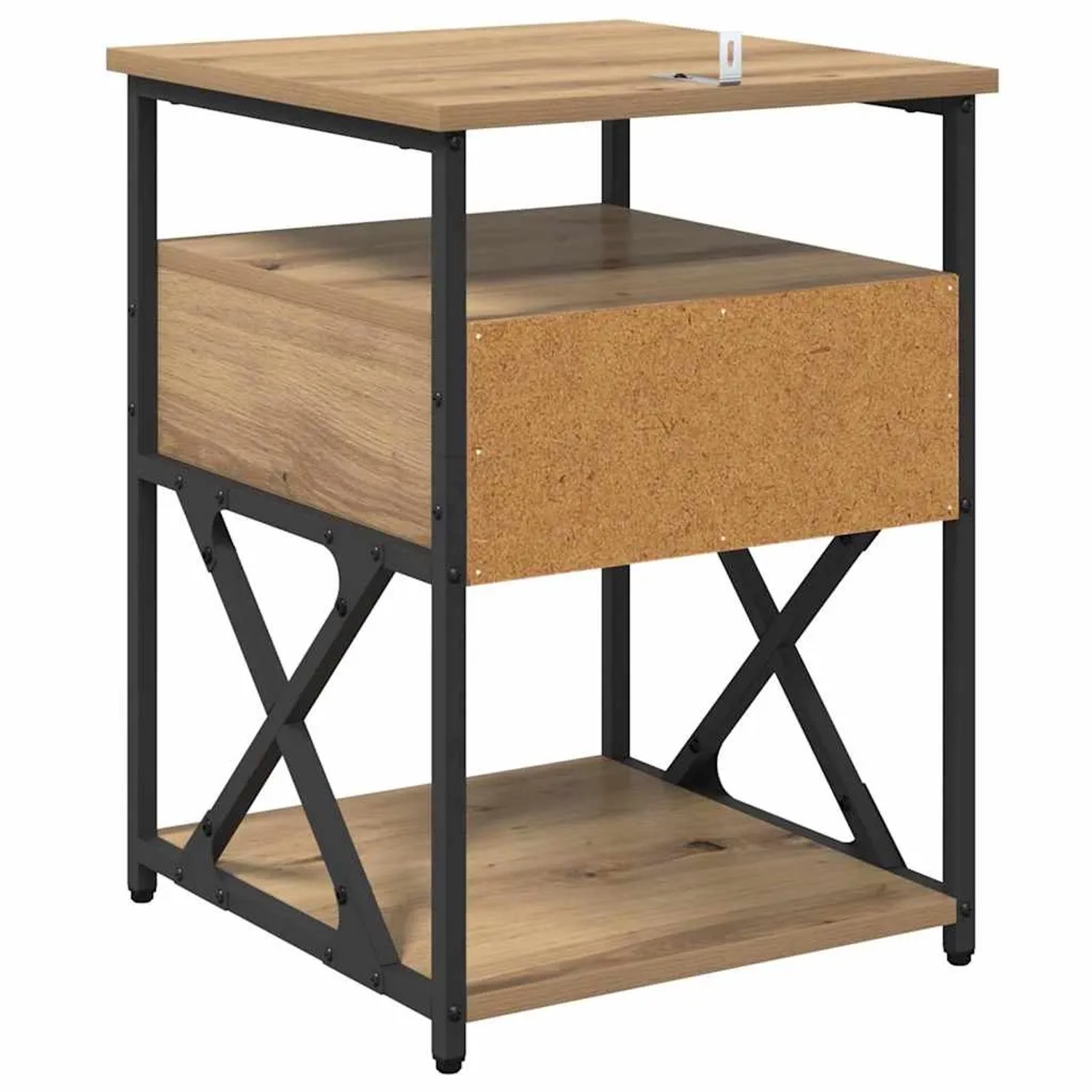 Nachttisch Artisan-Eiche mit schwarzem Metallrahmen, Schublade und Ablage aus Holzwerkstoff. Modernes Schlafzimmermöbel.