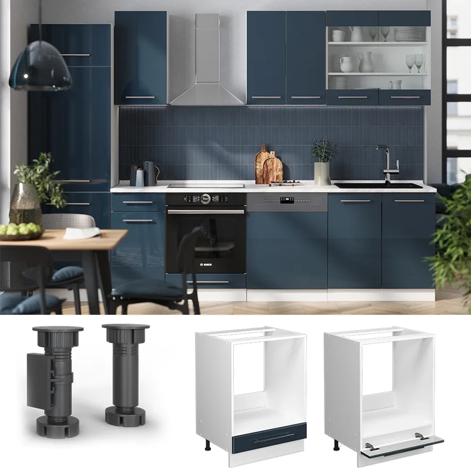 Vicco Herdumbauschrank Fame-Line in Dunkelblau/Weiß mit Eiche Arbeitsplatte, 60 cm breit.