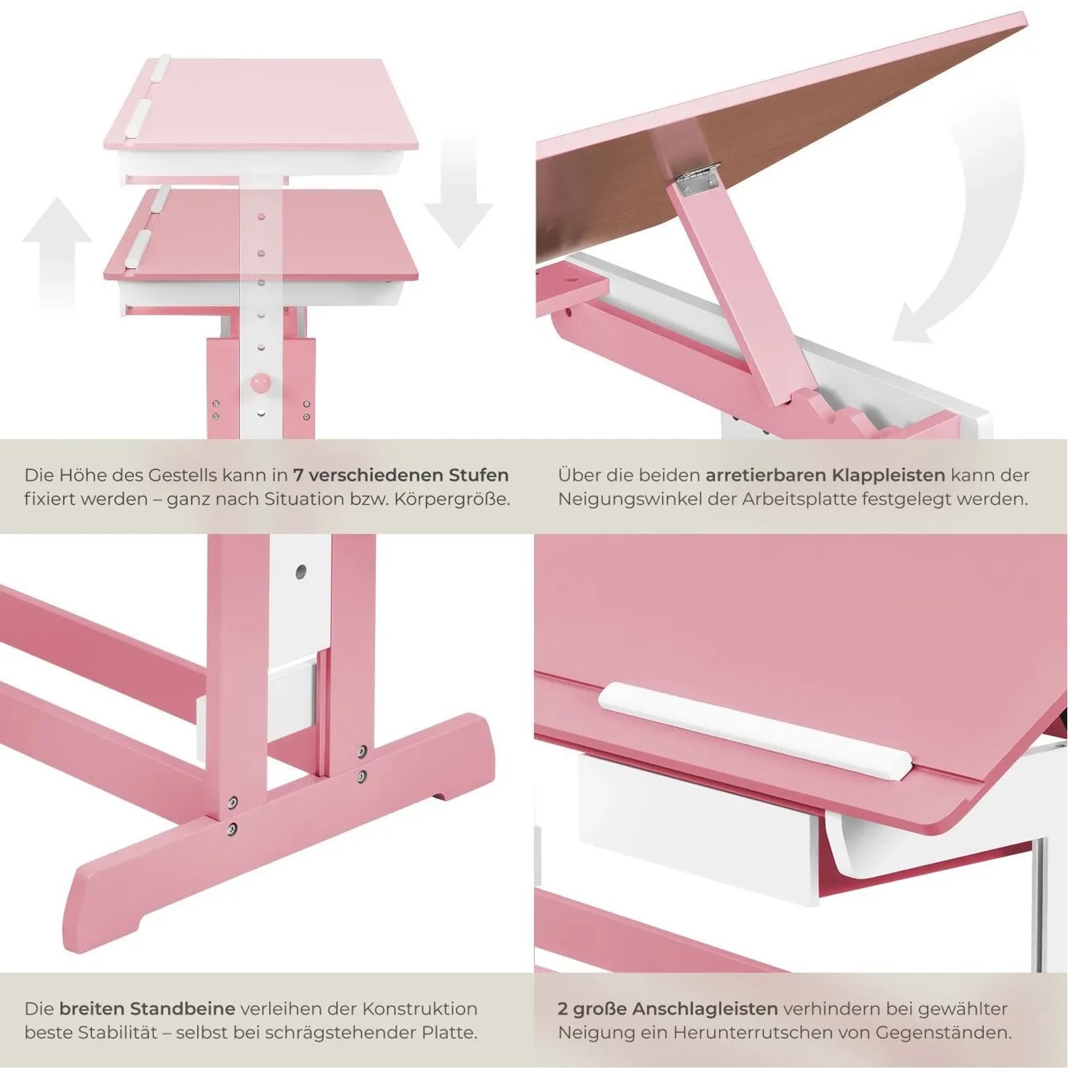 Pinker Tectake Schreibtisch mit neigbarer Platte und Höhenverstellung.