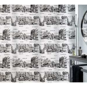 Spirella Duschvorhang Textil Places Black mit Städte-Motiv, 180x200 cm.
