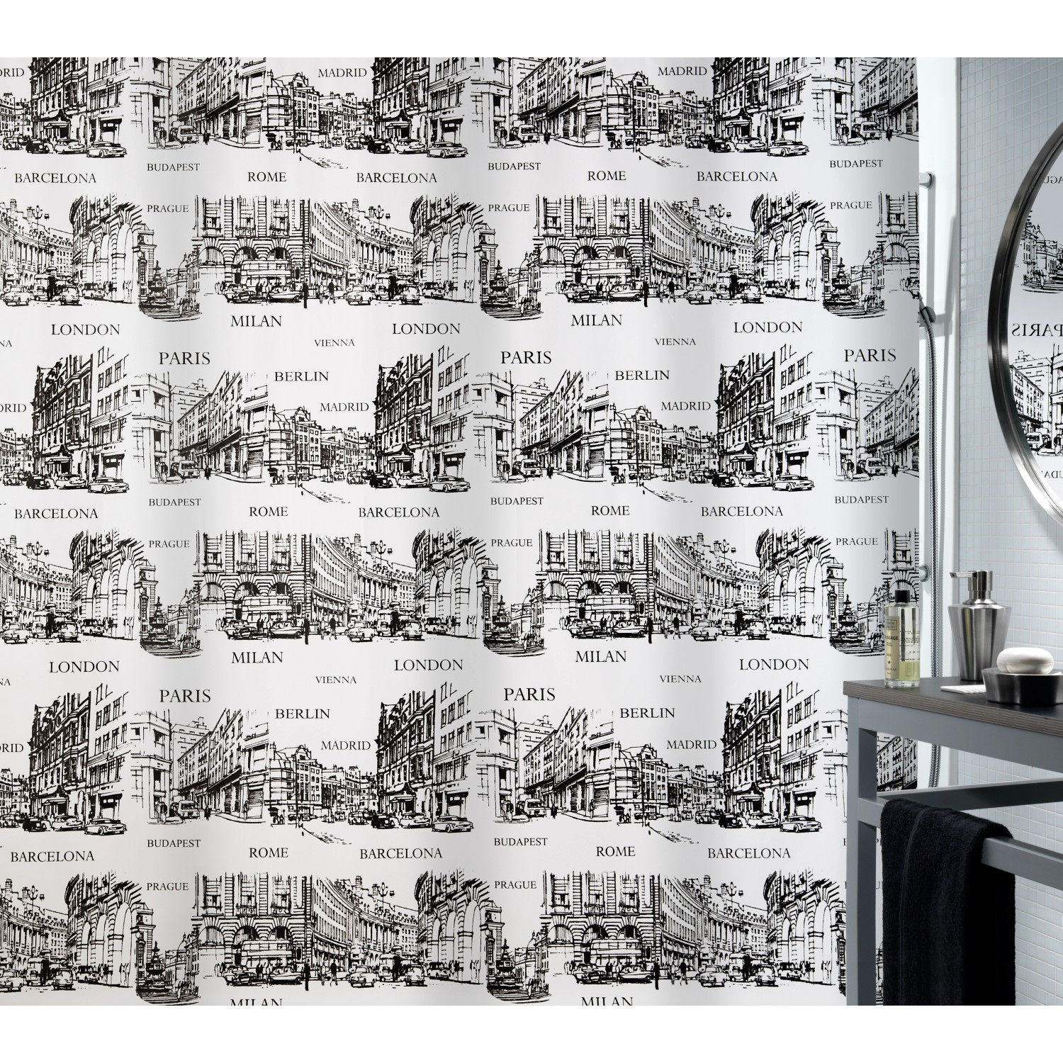 Spirella Duschvorhang Textil Places Black 180 cm x 200 cm günstig online kaufen