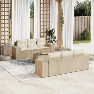Beige 7-tlg. vidaXL Garten-Sofagarnitur aus Polyrattan mit Kissen für Terrasse und Garten.