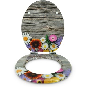 Sanfino WC-Sitz Alp Flower mit Absenkautomatik, Holz-Toilettendeckel mit Blumenmuster.