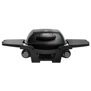 Schwarzer Taino Mahto Gasgrill Tischgrill mit 2 Brennern und Seitentischen.
