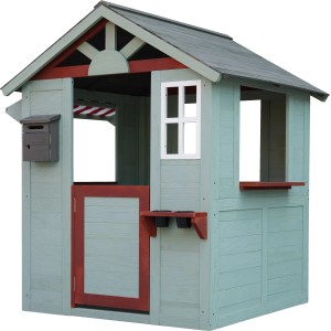 Grau-rot-weißes Spielhaus aus FSC-Tanne mit Briefkasten, Markise und Blumentöpfen.