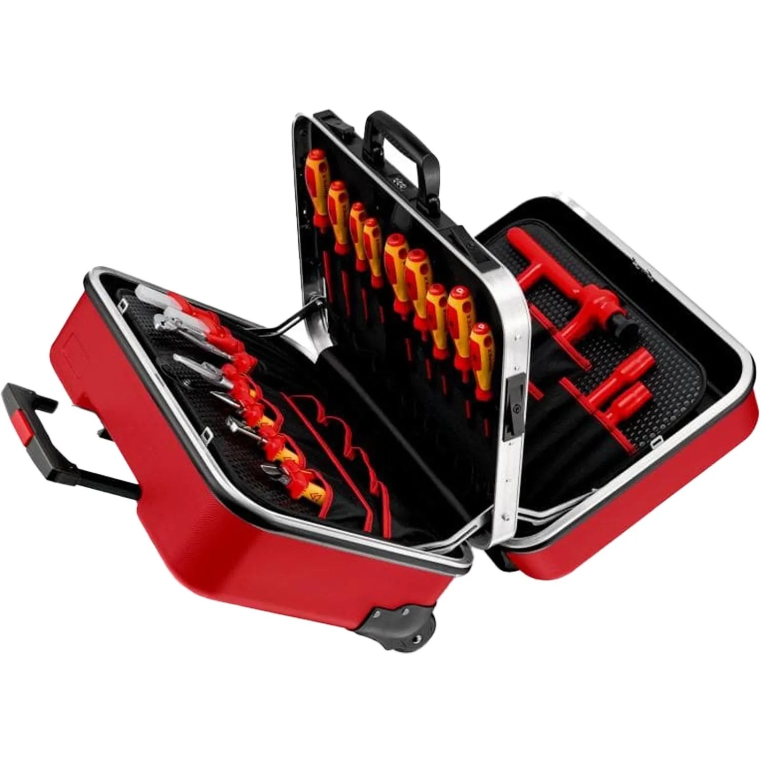Roter Knipex Werkzeugkoffer Big Twin Move, bestückt mit Schraubendrehern und Zangen, offen, Rollen, Teleskopgriff.