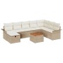 Beiges 9-teiliges Garten-Sofa-Set aus Rattan mit Kissen und Stauraum.