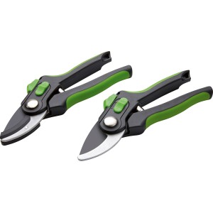 2-teiliges Gartenscheren-Set: Bypass- und Amboss-Gartenschere mit grün-schwarzen Griffen.