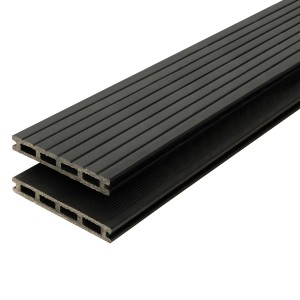 Anthrazitfarbene Kovalex WPC Terrassendielen, geriffelte Oberfläche, 2 cm stark.
